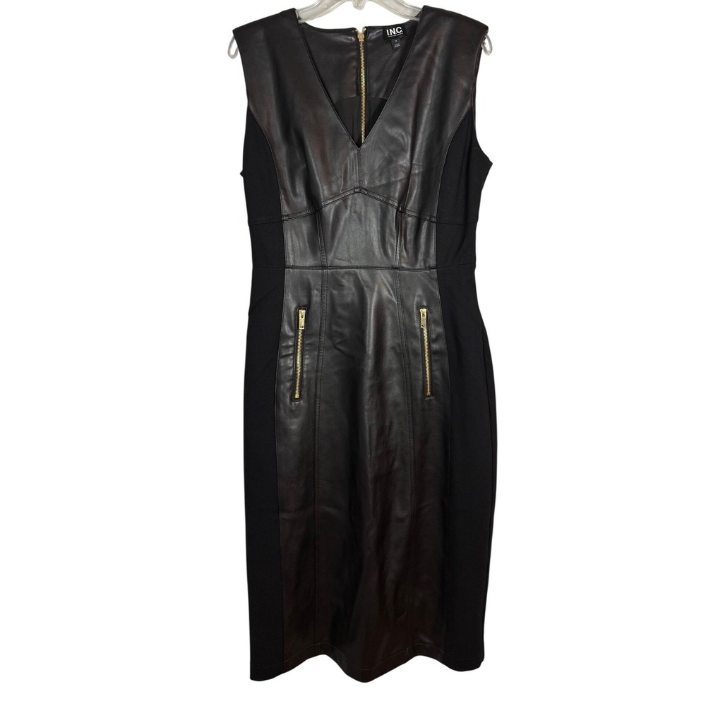 INC INTERNATIONAL CONCEPTS Women's V-Neck Faux-Leather Midi Dress, Black, Size 8 - Picture 2 of 10